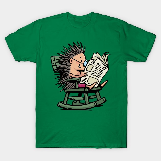 hedgehog in a rocking chair reads a newspaper T-Shirt by duxpavlic